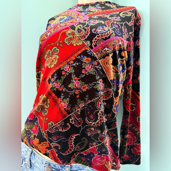 💫Stunning Vintage 90s Y2K Vivid Velvet Floral Paisley Patchwork Long Sleeve Top - Picture 12 of 15